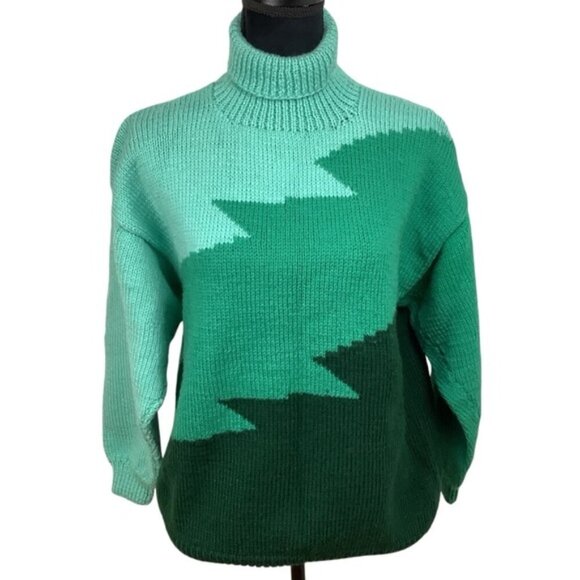 HANDMADE COLOR BLOCK GREEN HANDKNIT TURTLENECK SWEATER - Picture 1 of 10